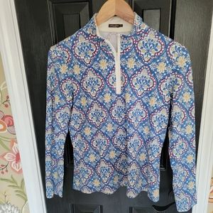 Long sleeve half zip stretchy pullover shirt.